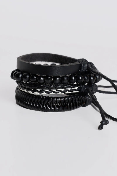 4 Pc Black Leather Bracelet Set