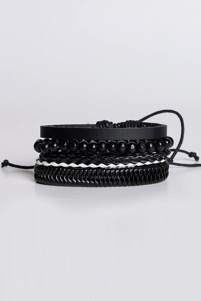 4 Pc Black Leather Bracelet Set