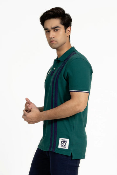 Side Striped Embroidered Green Polo