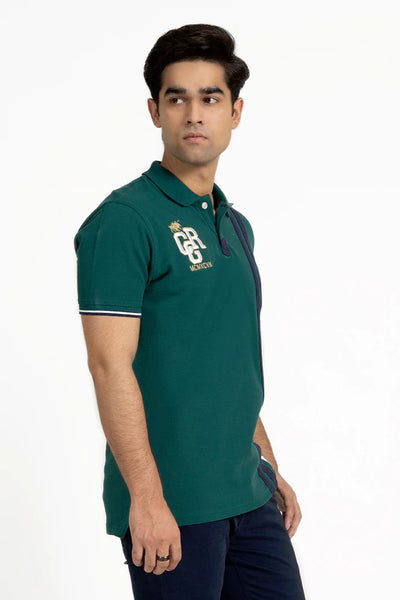 Side Striped Embroidered Green Polo