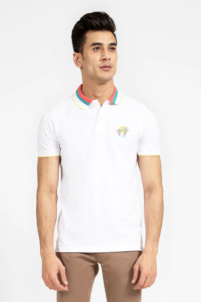 Tipped White Embroidered Polo