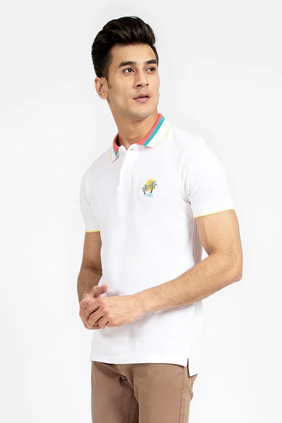 Tipped White Embroidered Polo
