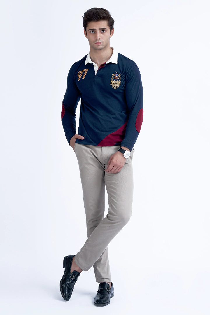 Navy Full Sleeves Embroidered Polo