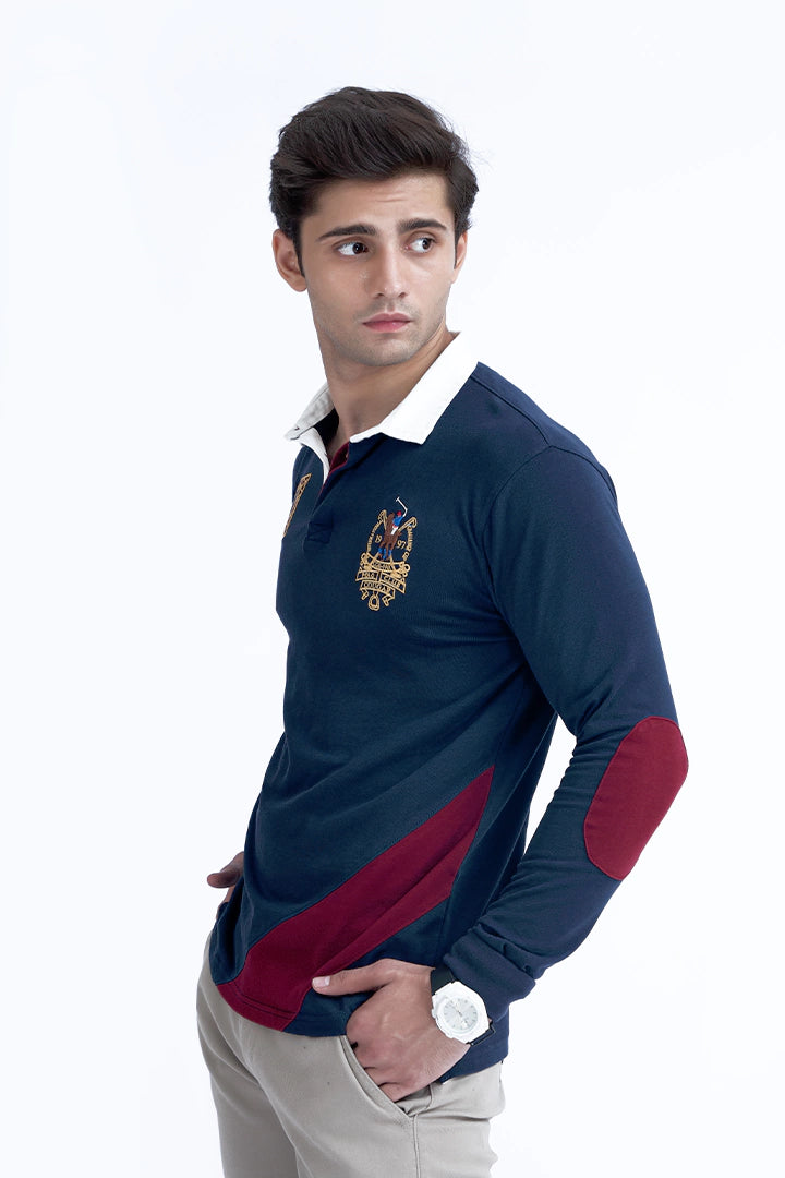 Navy Full Sleeves Embroidered Polo