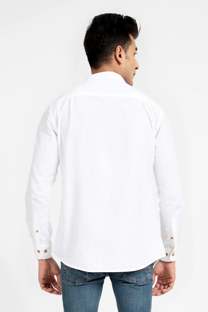White Regular Fit Ban Collar Casual Shirt