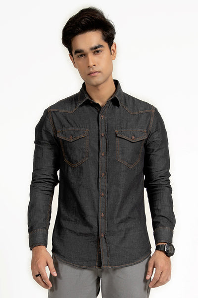 Black Denim Double Pocket Casual Shirt