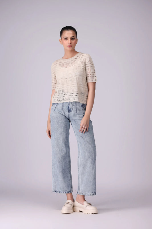 Crotchet Knit Sweater With Back Slit - Cougar Clothing