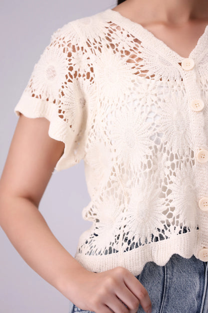 Crochet Knit Crop Cardigan - Cougar Clothing