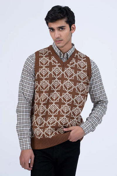 V-Neck Jacquard Brown Vest Sweater