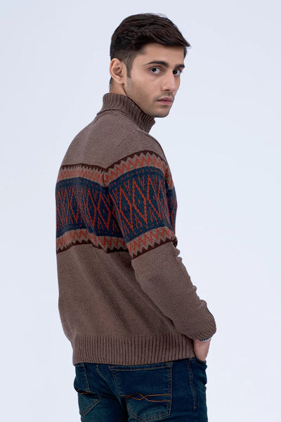 Brown Turtleneck Jacquard Sweater