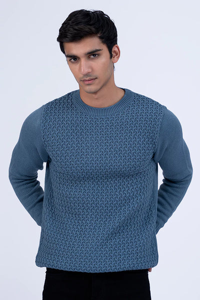 Blue Round Neck Textured Sweater