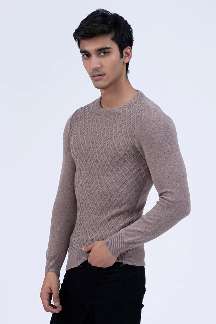 Crew Neck Textured Knitted Jacquard Sweater