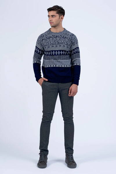 Navy Contrast Hem Jacquard Sweater