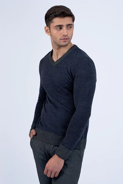 Navy Herringbone Pattern Sweater