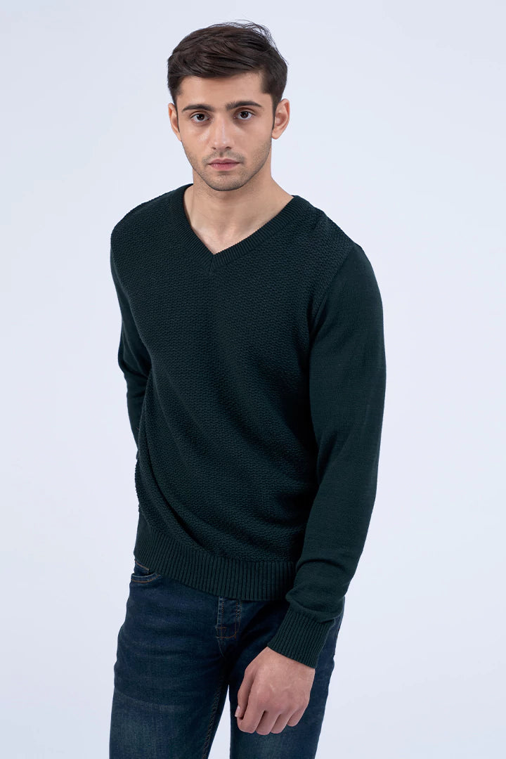 Green V-Neck Knitted Sweater