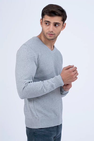 Grey V-Neck Knitted Sweater