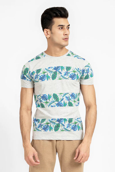 Grey Leafy Printed T-Shirt