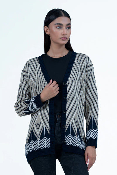 Navy Lining Pattern Jacquard Sweater