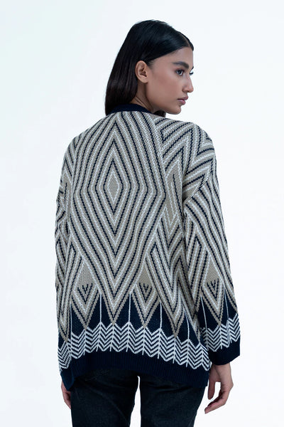 Navy Lining Pattern Jacquard Sweater