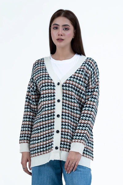 Cream White V-Neck Jacquard Cardigan Sweater