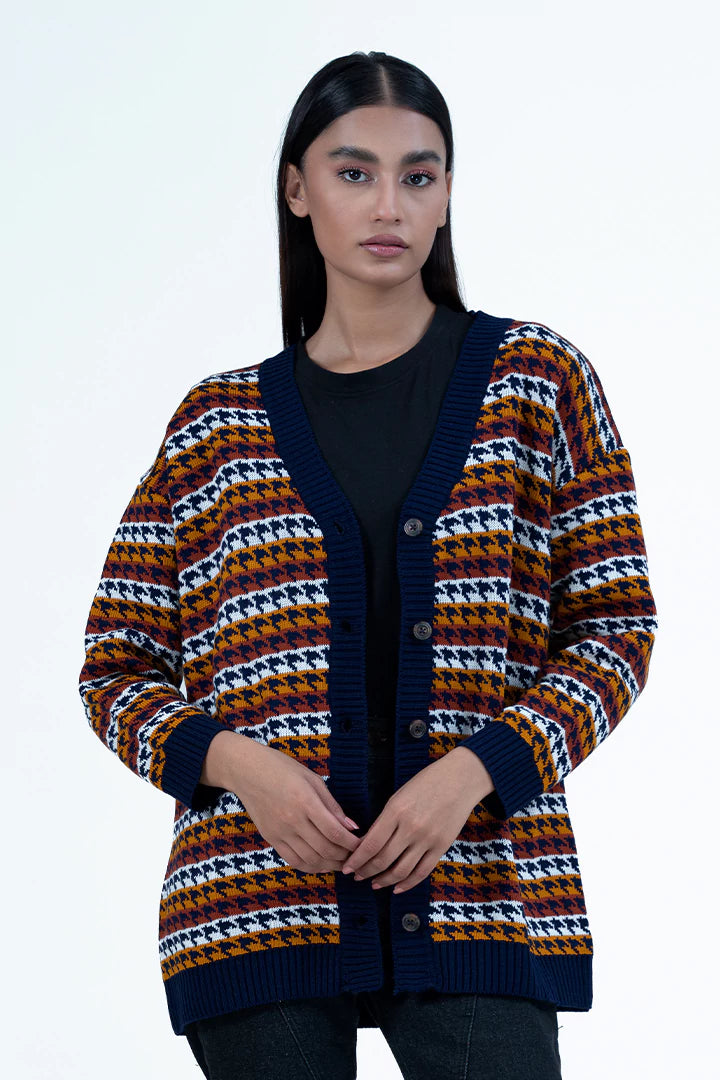 Navy V-Neck Jacquard Cardigan