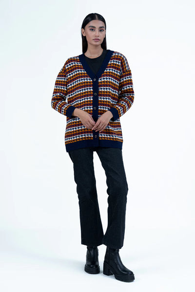 Navy V-Neck Jacquard Sweater