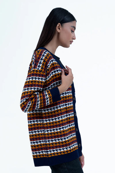 Navy V-Neck Jacquard Sweater