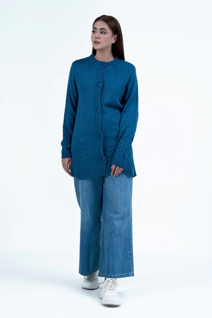 Teal Round Neck Cardigan Sweater