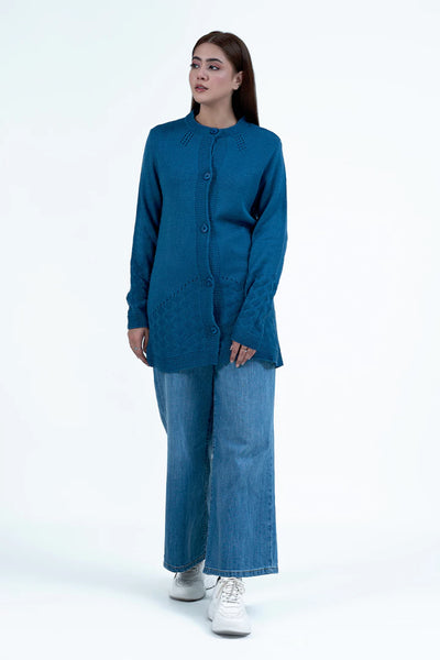 Teal Round Neck Cardigan Sweater