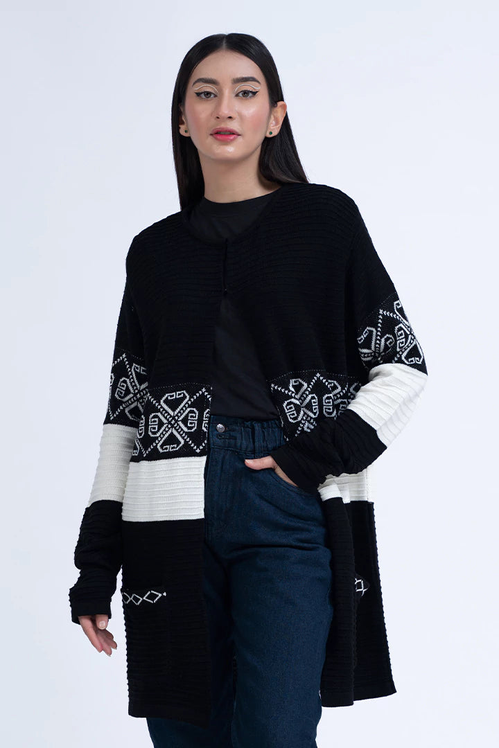 Black Color Block Long Cardigan