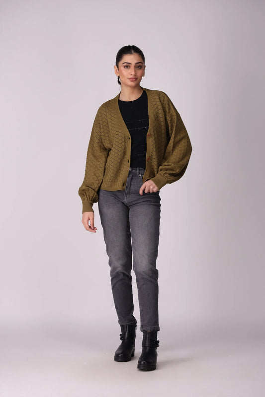 Crochet Knit Cuffed Cardigan - Cougar Clothing