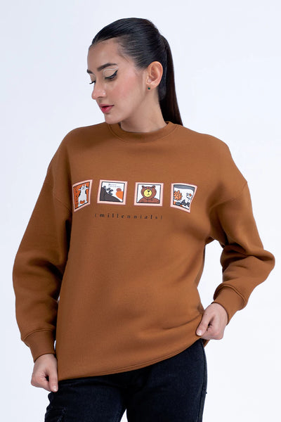 Brown Ribbed Graphic Sweatshirt