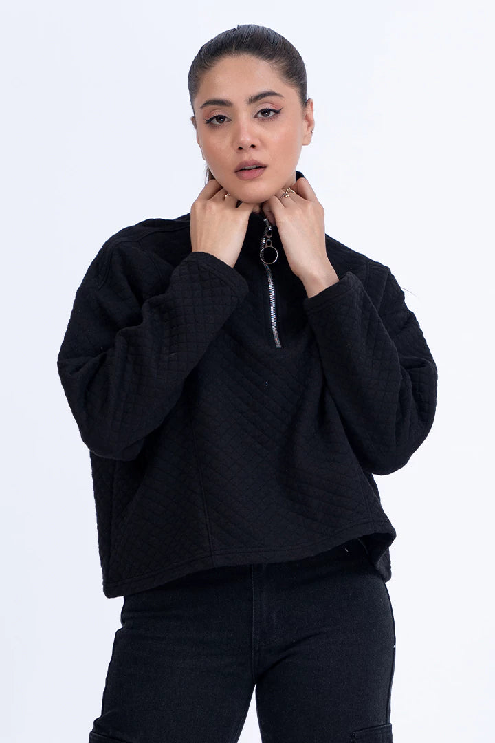 Buy Black Cropped Half Zipper Sweatshirt for Women