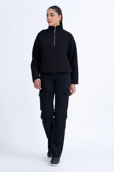 Black Cropped Half Zipper Sweatshirt