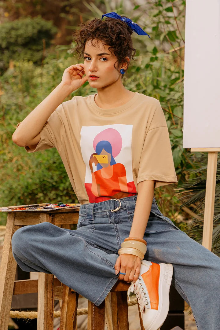 Light Brown Graphic Oversized T-Shirt