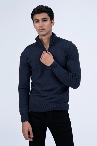 Navy Lurex Mock Neck Zipper Sweater