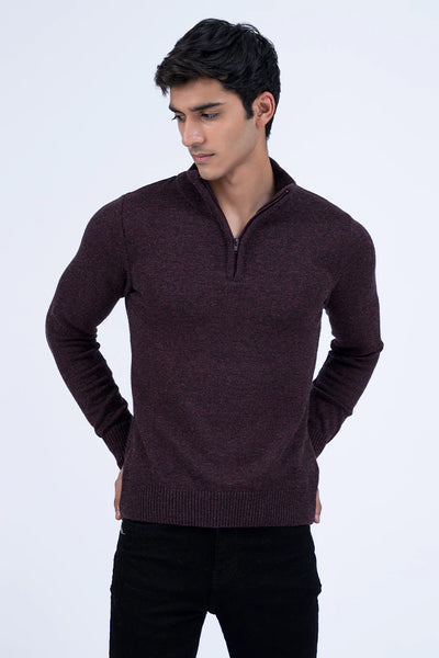 Dark Wine Lurex Mock Neck Zipper Sweater