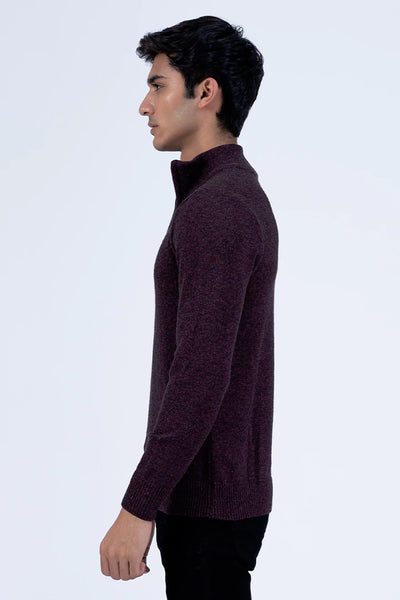 Dark Wine Lurex Mock Neck Zipper Sweater