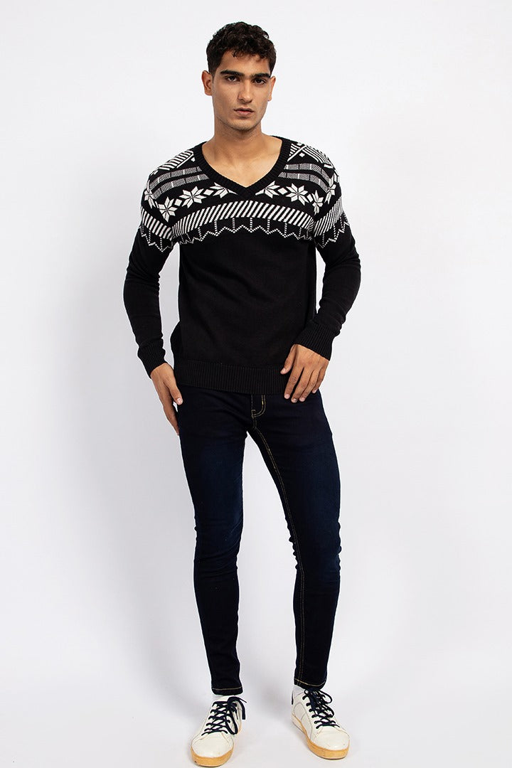 Black V-Neck Printed Sweater