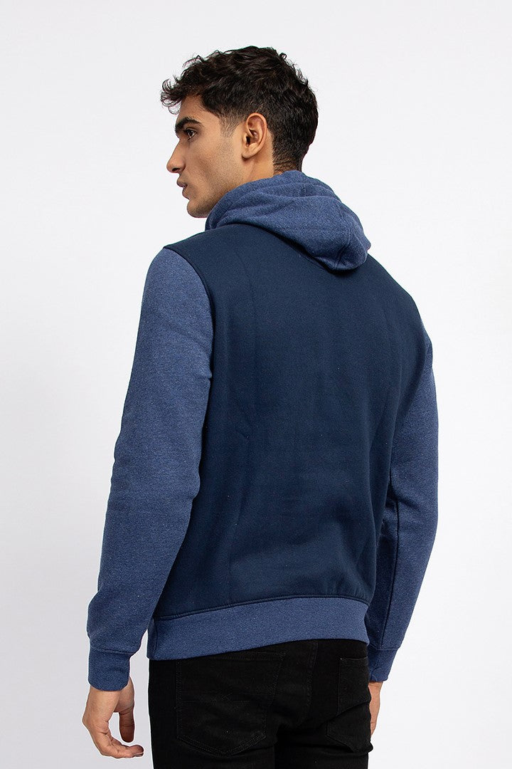 Navy Pullover Hoodie With Contrast Sleeves