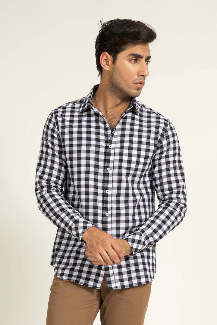 Black Checkered Pocket Style Casual Shirt