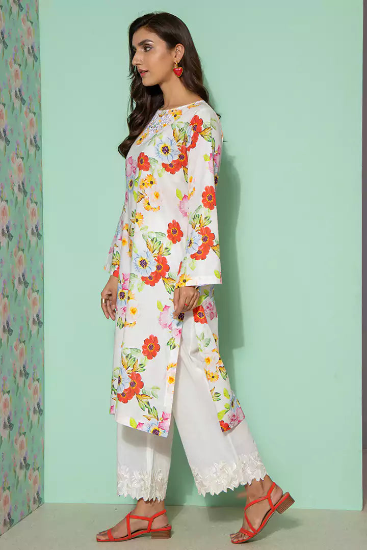 White Floral Printed Kurti With Embroidered Neckline