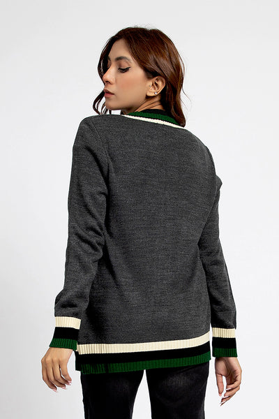 Charcoal V-Neck Cardigan with Multicolor Stripes
