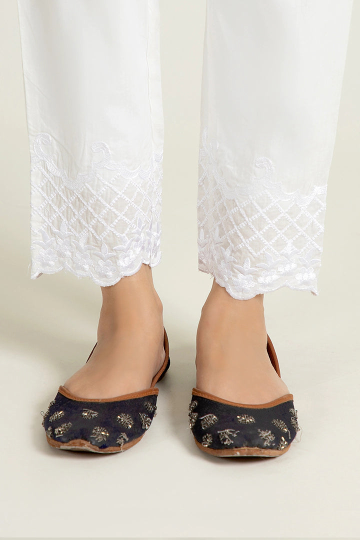 White Embroidered Trousers With Cut Work