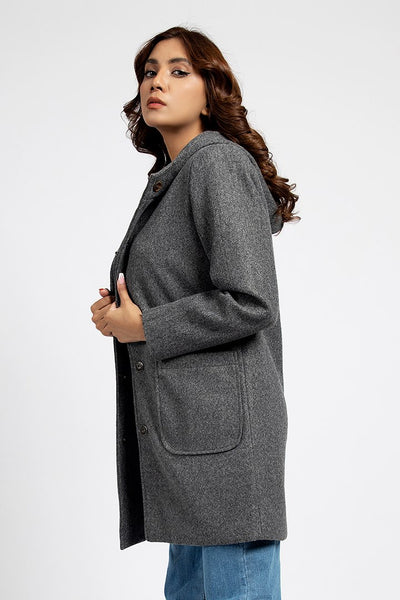 Charcoal Textured Hooded Long Coat