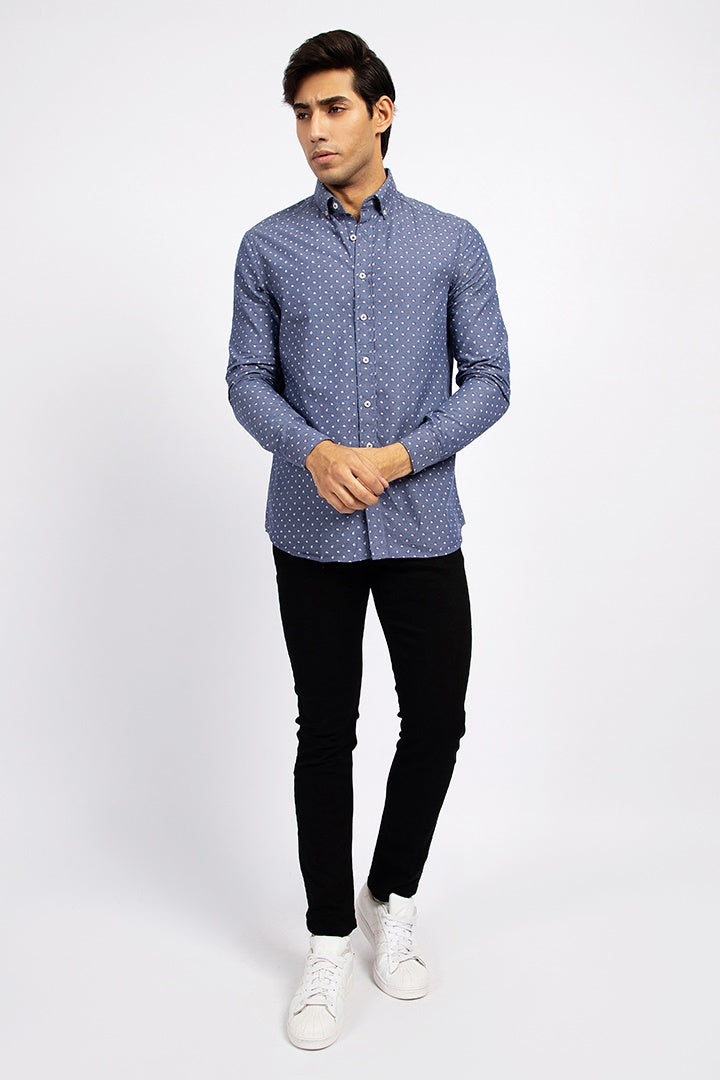 Blue Printed Slim Fit Casual Shirt