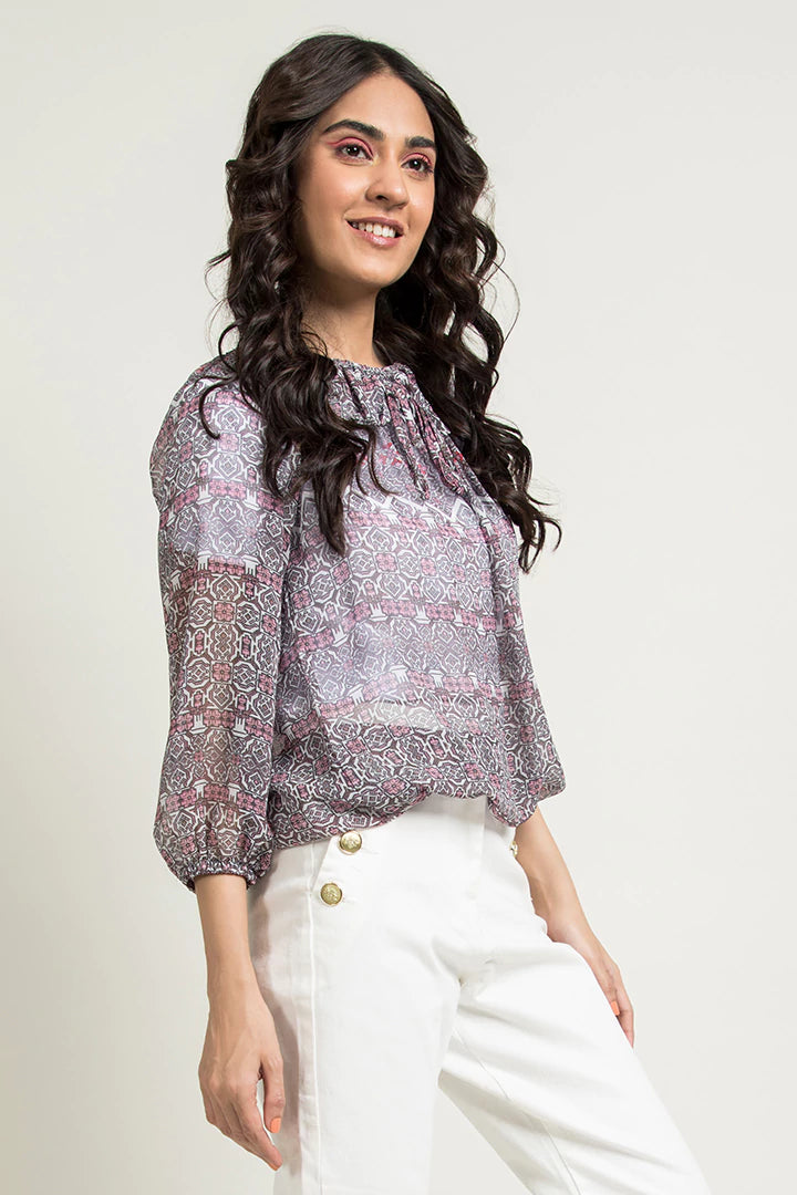 Pleated Neck Printed Top