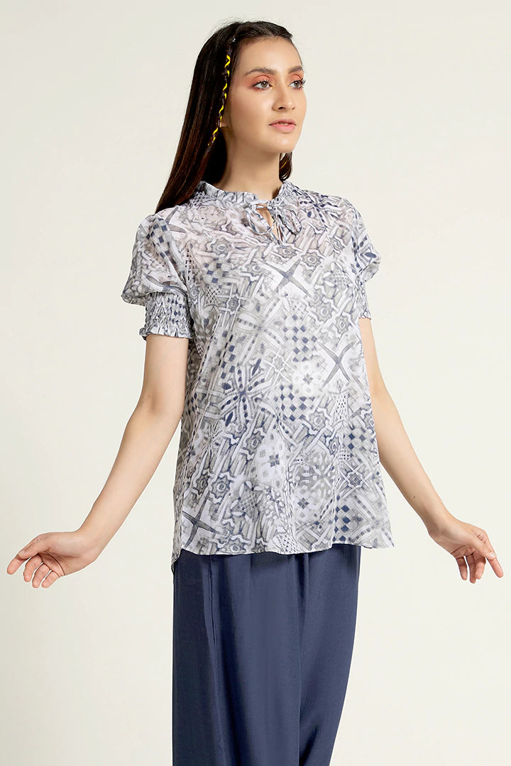 Grey Elastic Sleeves Printed Top