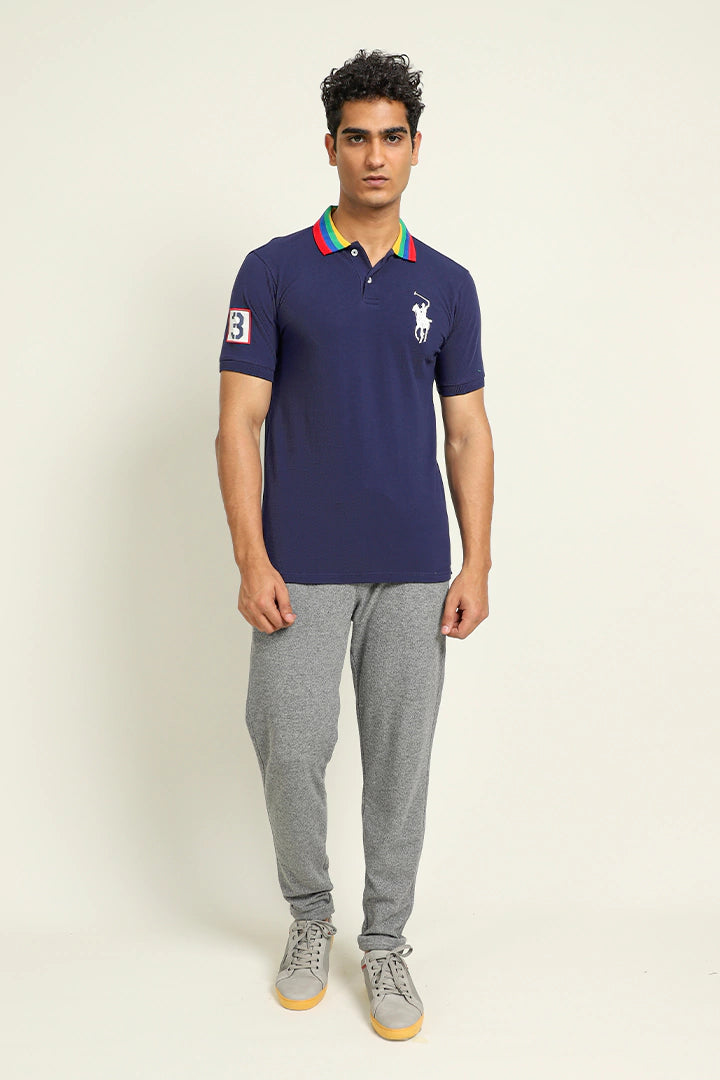 Striped Collar Embroidered Navy Polo