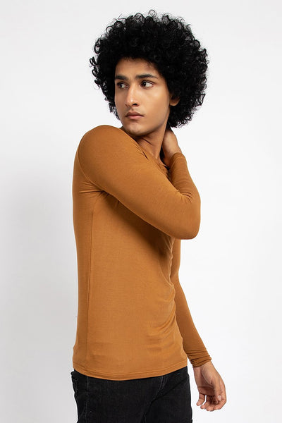 Brown Full Sleeve V-Neck T-Shirt